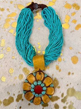 Sookie Sookie Turquoise Multi-Strand Bead Necklace w/Yellow Clay Flower Pendant